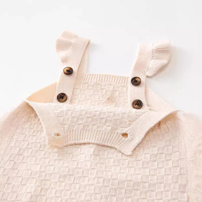 ノースリーブロンパース ベビーロンパース サスペンダージャンプスーツ ニット フリル ベージュ【mh0006472】