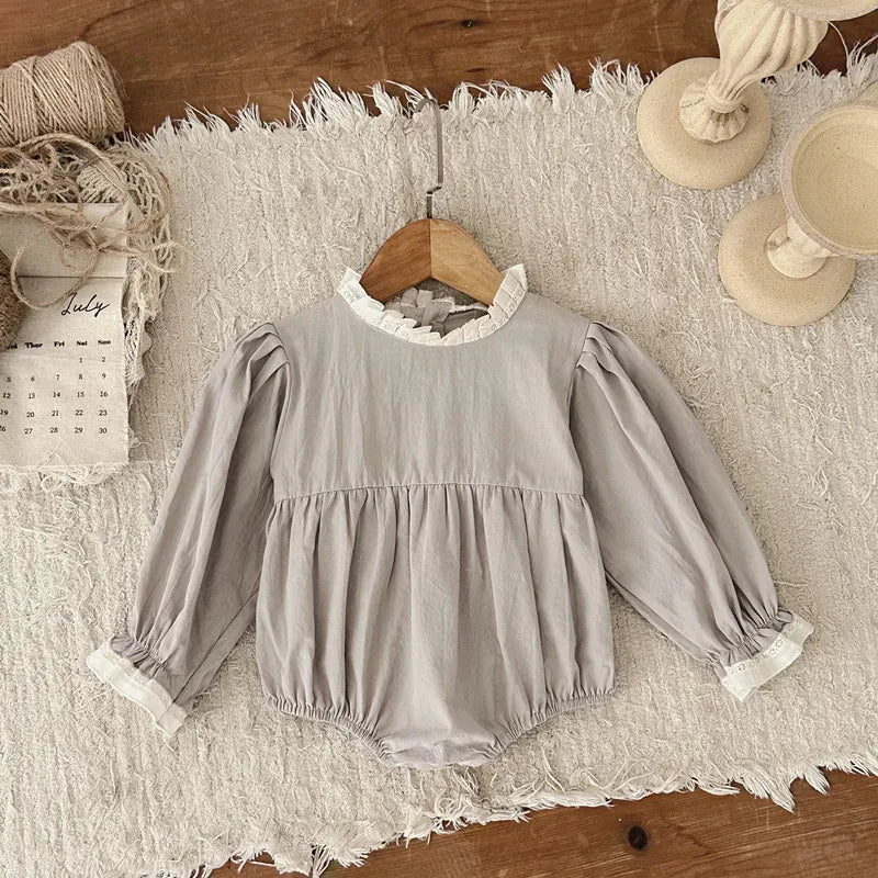 長袖ロンパース ベビーロンパース 長袖パフスリーブボディスーツ スタンドフリルカラー【mh0006488】