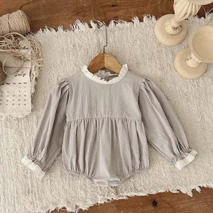 長袖ロンパース ベビーロンパース 長袖パフスリーブボディスーツ スタンドフリルカラー【mh0006488】