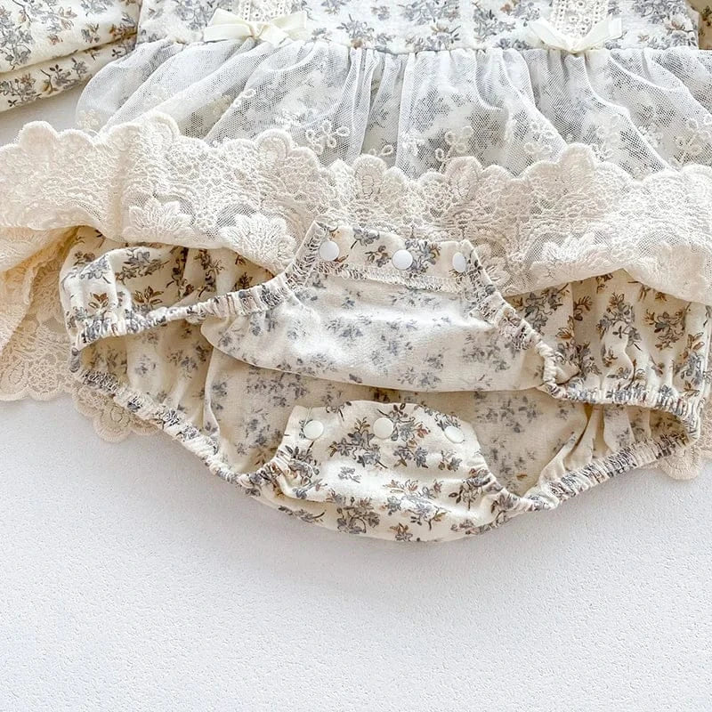 長袖ロンパース ベビーロンパース ボンネットセット 長袖レーススカートドッキングボディスーツ 帽子セット フラワー花柄プリント【mh0006502】