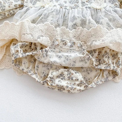 長袖ロンパース ベビーロンパース ボンネットセット 長袖レーススカートドッキングボディスーツ 帽子セット フラワー花柄プリント【mh0006502】