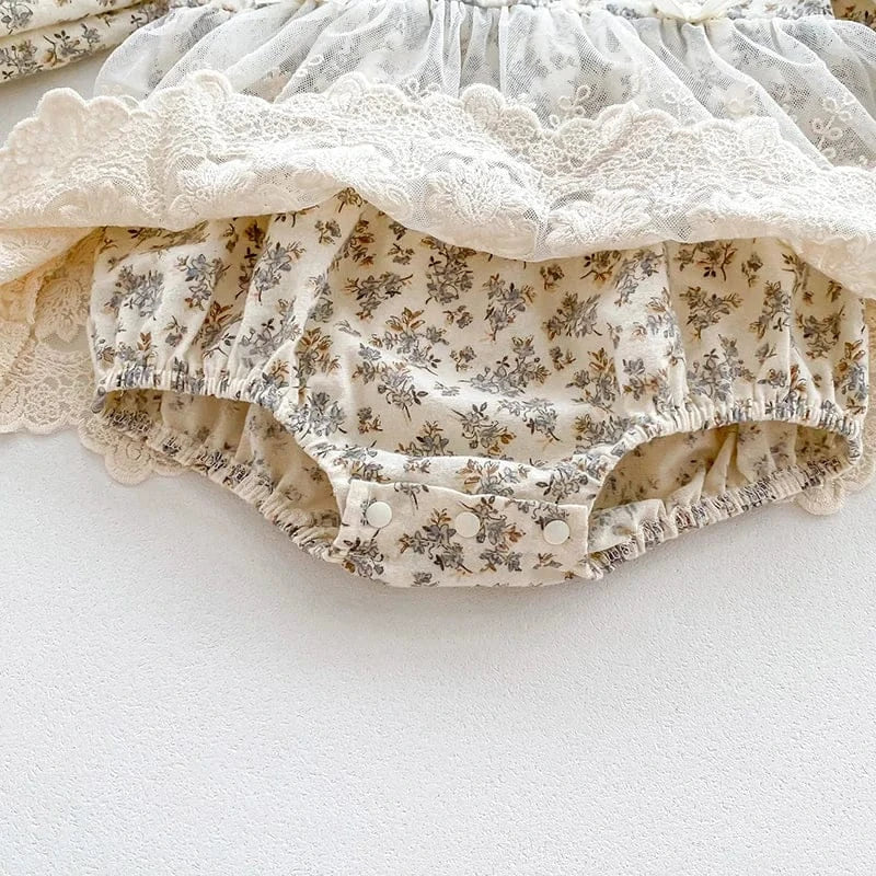 長袖ロンパース ベビーロンパース ボンネットセット 長袖レーススカートドッキングボディスーツ 帽子セット フラワー花柄プリント【mh0006502】