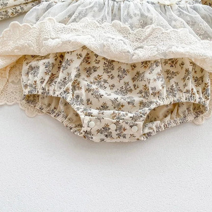 長袖ロンパース ベビーロンパース ボンネットセット 長袖レーススカートドッキングボディスーツ 帽子セット フラワー花柄プリント【mh0006502】