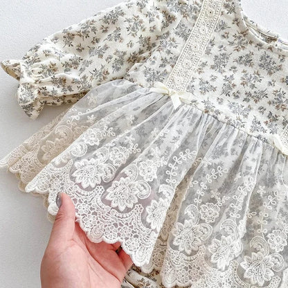 長袖ロンパース ベビーロンパース ボンネットセット 長袖レーススカートドッキングボディスーツ 帽子セット フラワー花柄プリント【mh0006502】