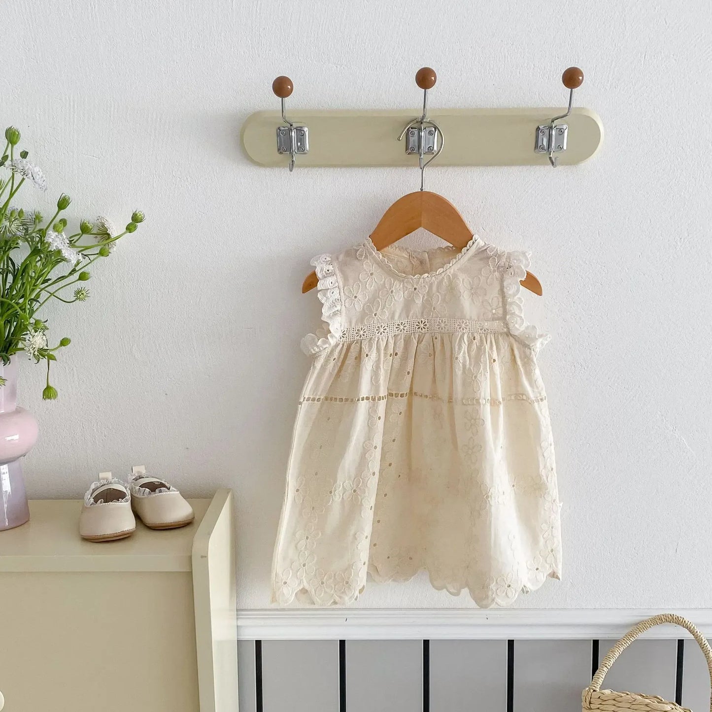ノースリーブロンパース ベビーロンパース/キッズワンピース レースフリル ノースリーブ リンクコーデ 姉妹 お揃いコーデ ベージュ【mh0006530】