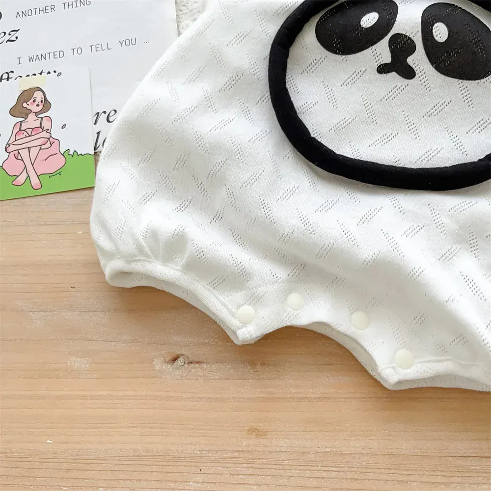 ノースリーブロンパース ベビーロンパース ノースリーブボディスーツ レースニット パンダアップリケ【mh0006541】