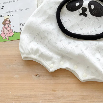 ノースリーブロンパース ベビーロンパース ノースリーブボディスーツ レースニット パンダアップリケ【mh0006541】