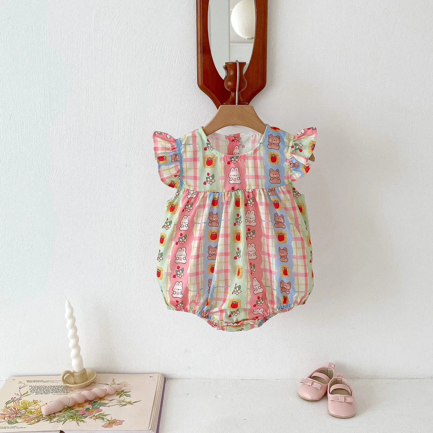 半袖ロンパース ベビーロンパース フリルスリーブボディスーツ くまベアうさぎ ストライプ レトロプリント【mh0006546】