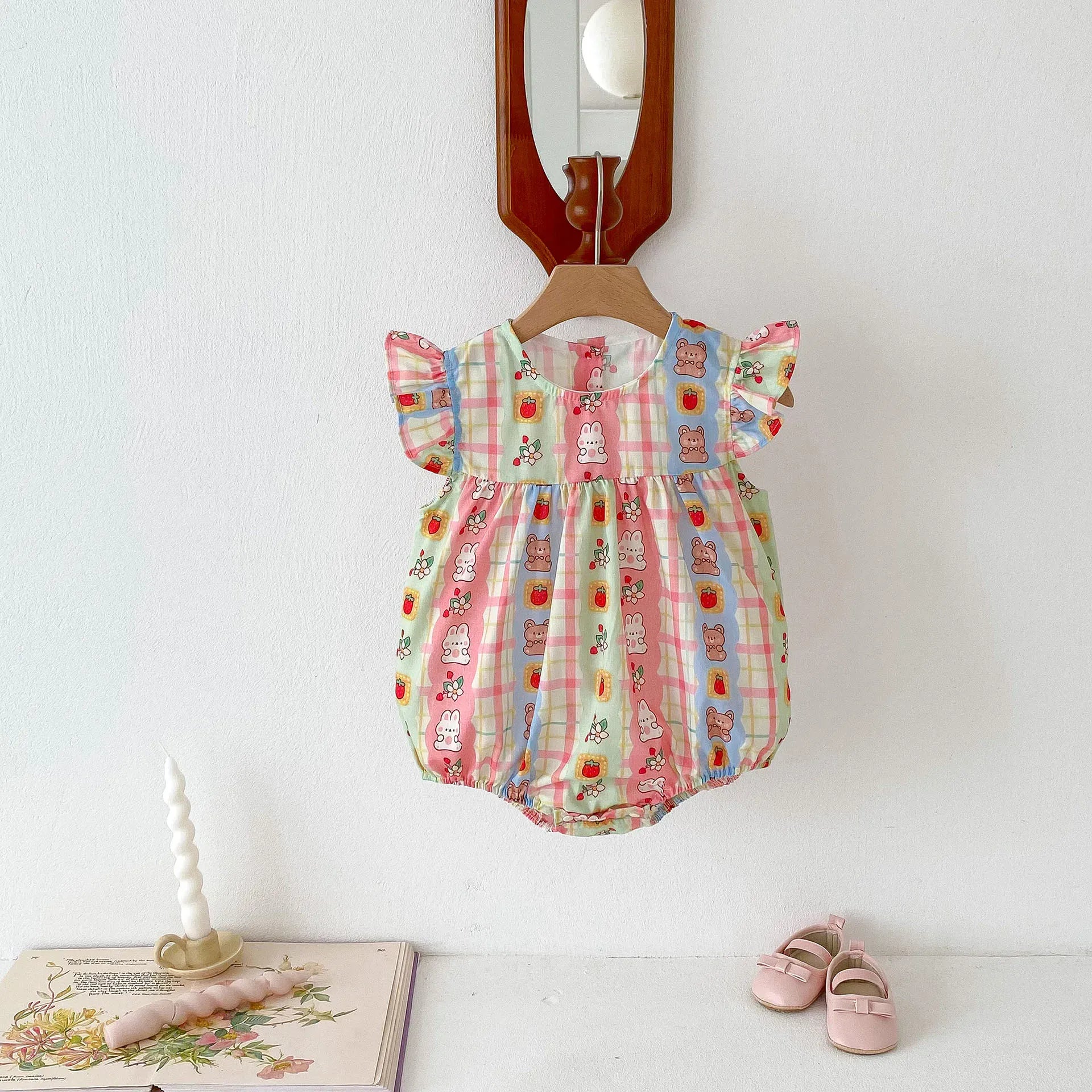 半袖ロンパース ベビーロンパース フリルスリーブボディスーツ くまベアうさぎ ストライプ レトロプリント【mh0006546】