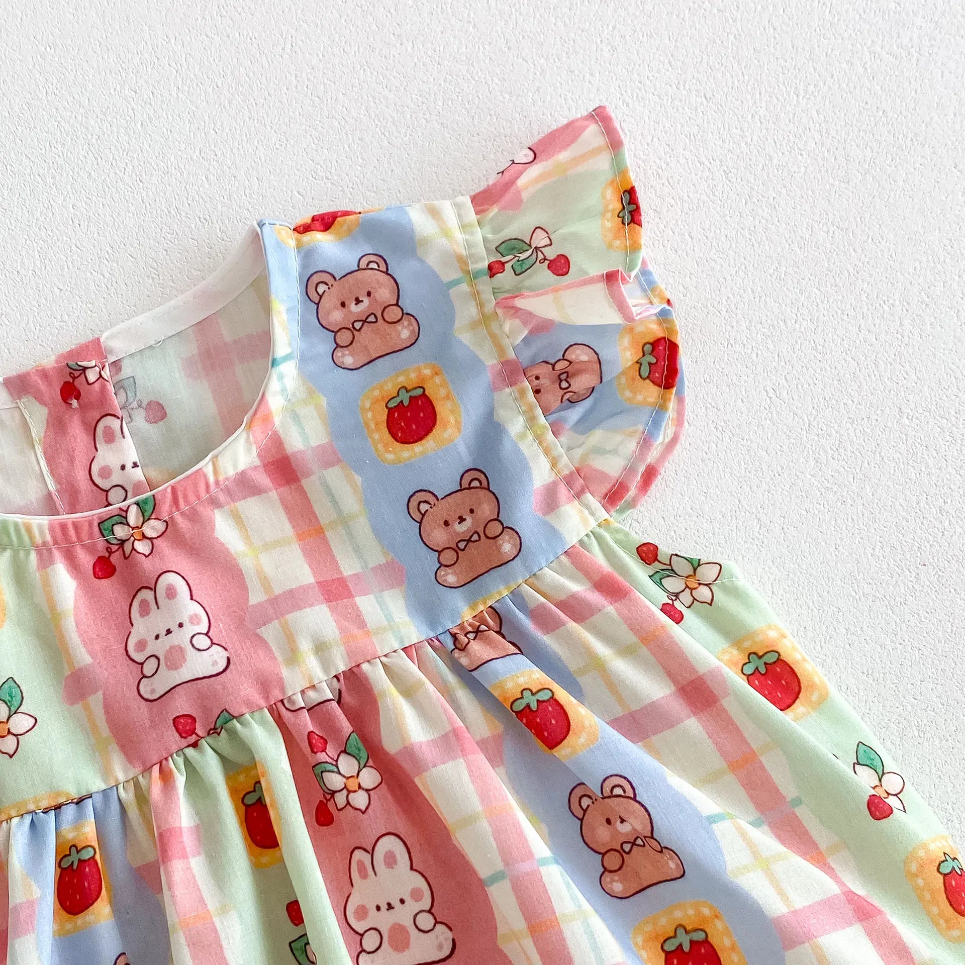 半袖ロンパース ベビーロンパース フリルスリーブボディスーツ くまベアうさぎ ストライプ レトロプリント【mh0006546】