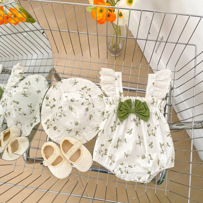 ノースリーブロンパース ベビーロンパース 帽子セット ノースリーブボディスーツ レースフリル リボン チューリップハットセット【mh0006553】