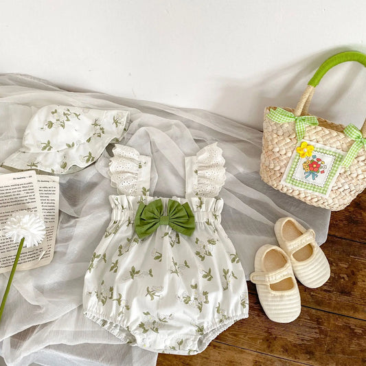 ノースリーブロンパース ベビーロンパース 帽子セット ノースリーブボディスーツ レースフリル リボン チューリップハットセット【mh0006553】