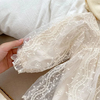 長袖ロンパース ベビーロンパース 長袖レーススカートボディスーツ ベビードレス ベージュ【mh0006620】