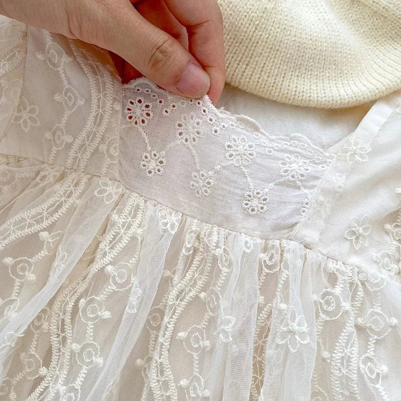 長袖ロンパース ベビーロンパース 長袖レーススカートボディスーツ ベビードレス ベージュ【mh0006620】