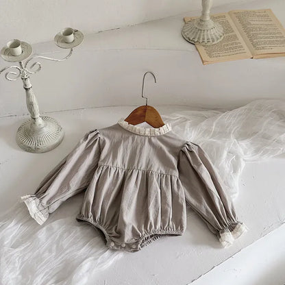 長袖ロンパース ベビーロンパース レーススタンドカラー長袖パフスリーブボディスーツ グレーグリーン【mh0006698】