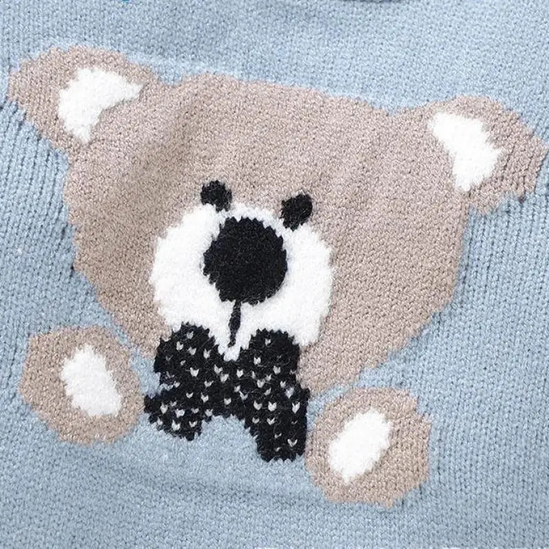 長袖ロンパース ベビーロンパース帽子セット ベアくま柄ニットドッキング長袖ジャンプスーツ ニット帽セット ブルー【mh0006820】