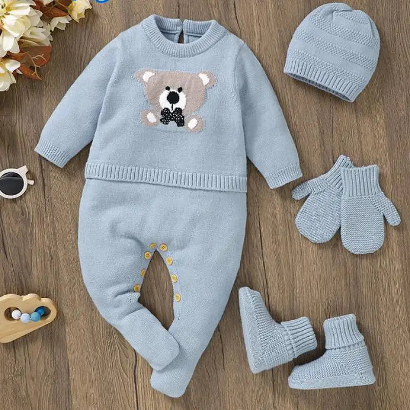 長袖ロンパース ベビーロンパース帽子セット ベアくま柄ニットドッキング長袖ジャンプスーツ ニット帽セット ブルー【mh0006820】