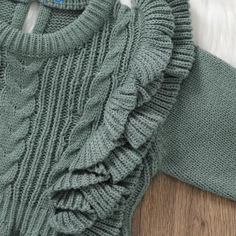 長袖ワンピース ベビーワンピース ショルダーフリルニット長袖ワンピース グリーン【mh0006845】