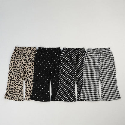 ロングパンツ・スウェットパンツ キッズパンツ プリント柄ワイドフレアパンツ 千鳥格子/レオパード/ハート/水玉ドット【mh0007010】