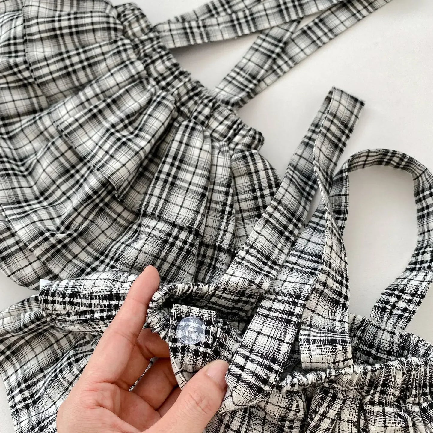 長袖セットアップ ベビートップス/パンツ 丸襟長袖ブラウス/チェックサスペンダーフリルスカートブルマパンツ【mh0007056】