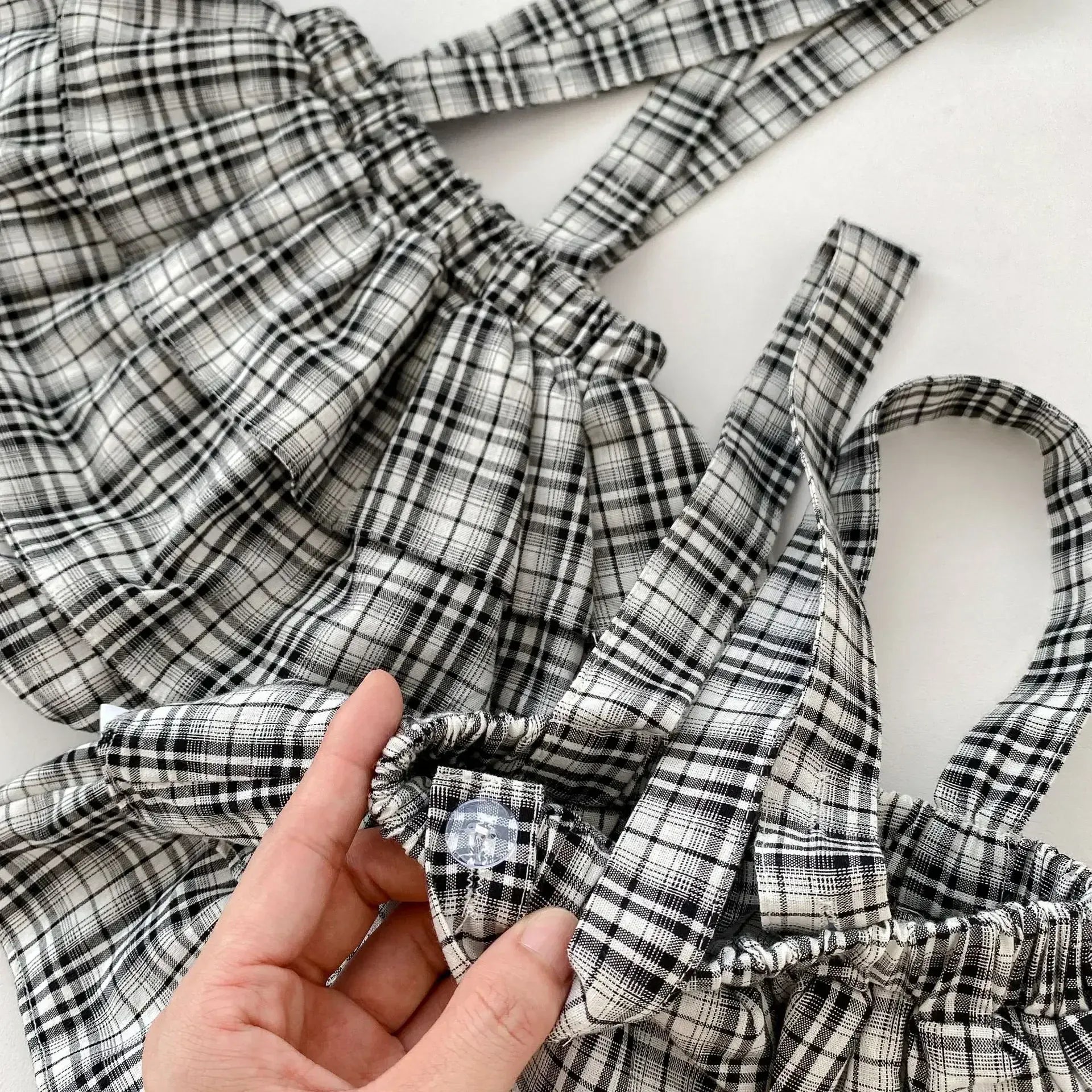 長袖セットアップ ベビートップス/パンツ 丸襟長袖ブラウス/チェックサスペンダーフリルスカートブルマパンツ【mh0007056】