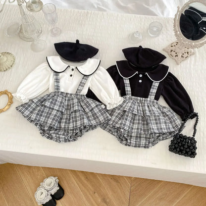 長袖セットアップ ベビートップス/パンツ 丸襟長袖ブラウス/チェックサスペンダーフリルスカートブルマパンツ【mh0007056】