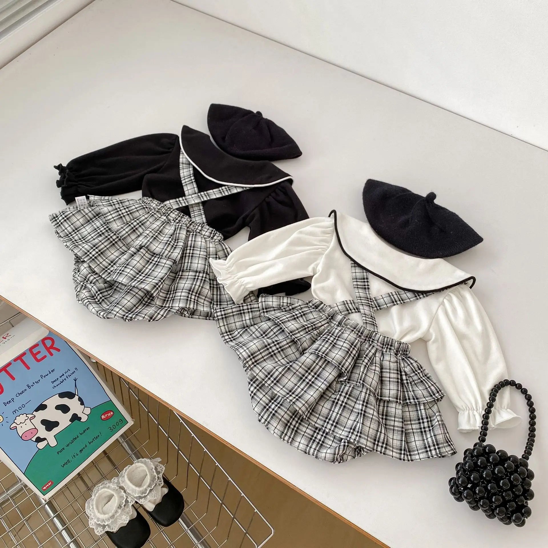 長袖セットアップ ベビートップス/パンツ 丸襟長袖ブラウス/チェックサスペンダーフリルスカートブルマパンツ【mh0007056】