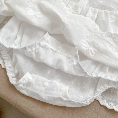 長袖ロンパース ベビーロンパース 丸襟レースリボン刺繍スカートボディスーツ ベビードレスホワイト【mh0007058】