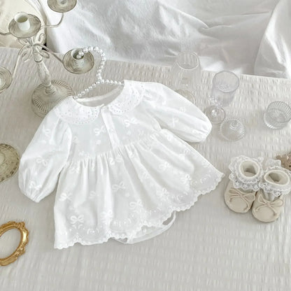 長袖ロンパース ベビーロンパース 丸襟レースリボン刺繍スカートボディスーツ ベビードレスホワイト【mh0007058】