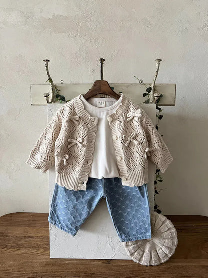 カーディガン・パーカー ベビーカーディガン レースニットリボン透け感ニットカーディガン【mh0007071】