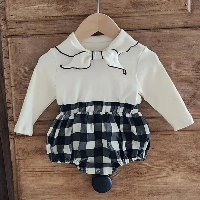 長袖ロンパース ベビーロンパース リボン襟ドッキング長袖ボディスーツ チェック/水玉【mh0007086】