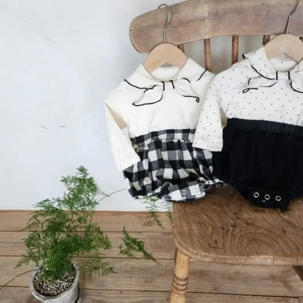 長袖ロンパース ベビーロンパース リボン襟ドッキング長袖ボディスーツ チェック/水玉【mh0007086】