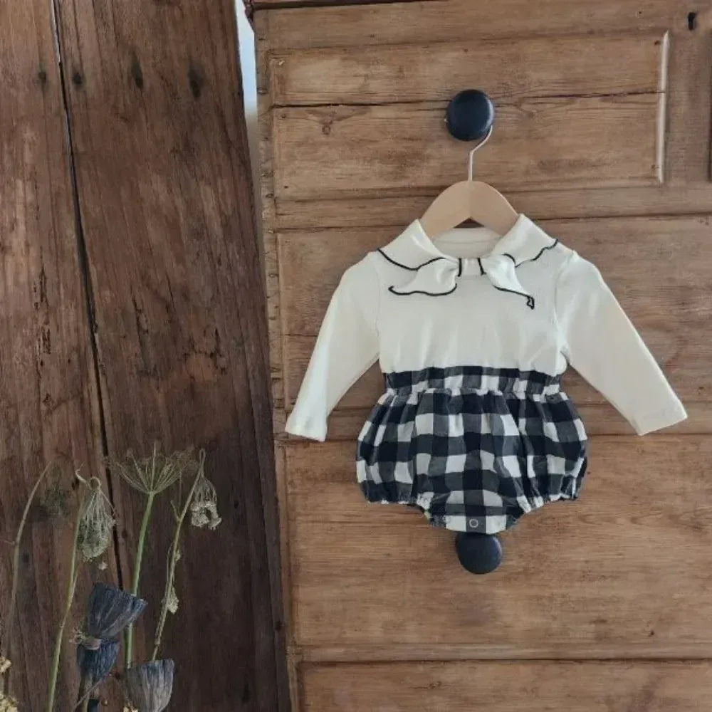 長袖ロンパース ベビーロンパース リボン襟ドッキング長袖ボディスーツ チェック/水玉【mh0007086】