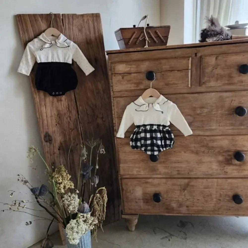 長袖ロンパース ベビーロンパース リボン襟ドッキング長袖ボディスーツ チェック/水玉【mh0007086】