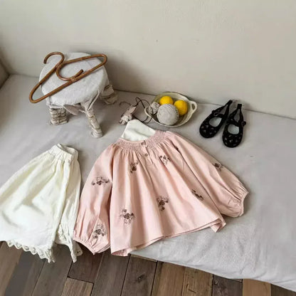 長袖シャツ・ブラウス キッズトップス フラワー刺繍長袖チュニックブラウス ピンク【mh0007101】