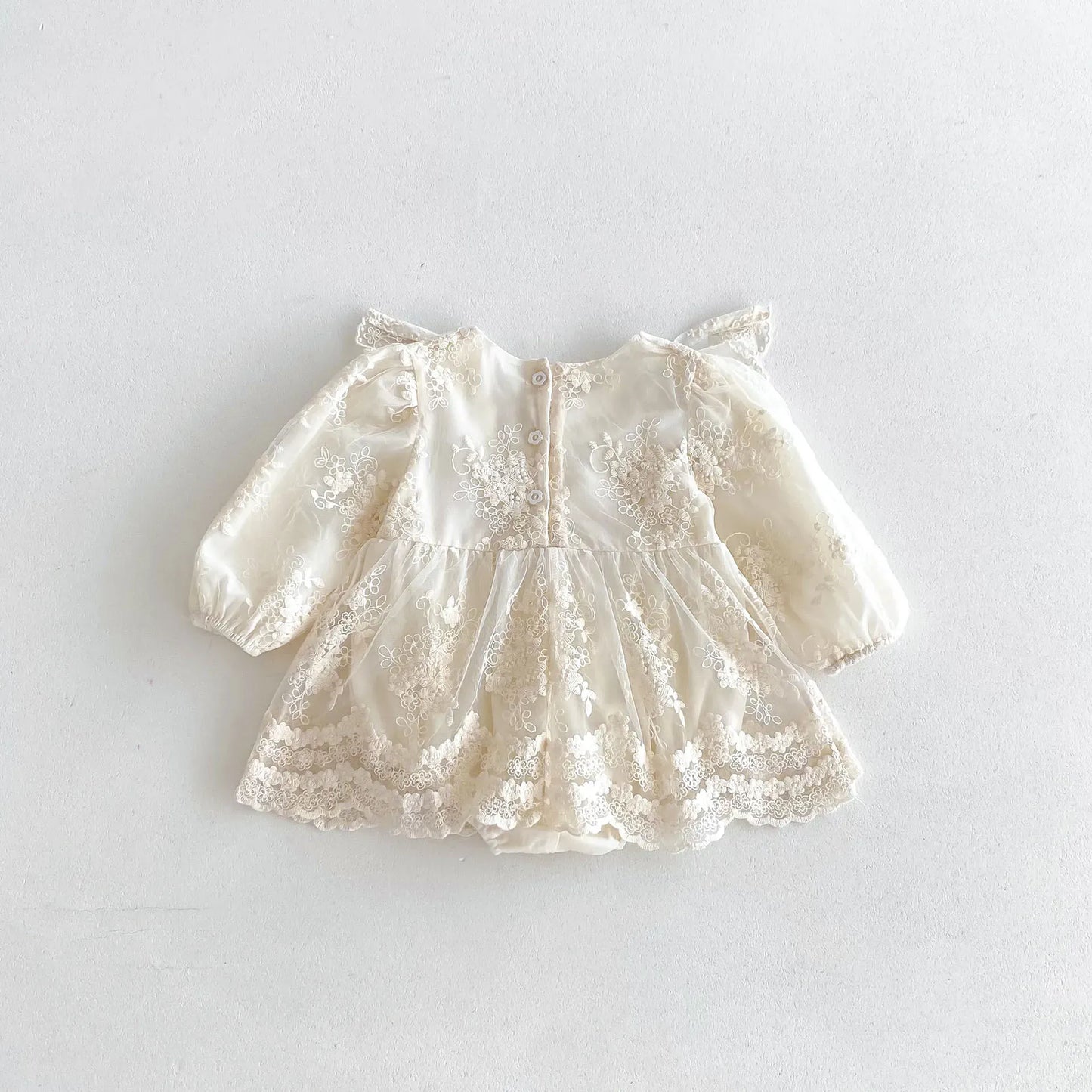 長袖ロンパース ベビーロンパース レースフリル長袖ドレスロンパース セレモニードレス アプリコット【mh0007146】