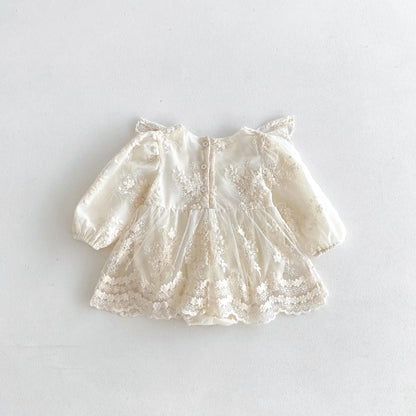 長袖ロンパース ベビーロンパース レースフリル長袖ドレスロンパース セレモニードレス アプリコット【mh0007146】