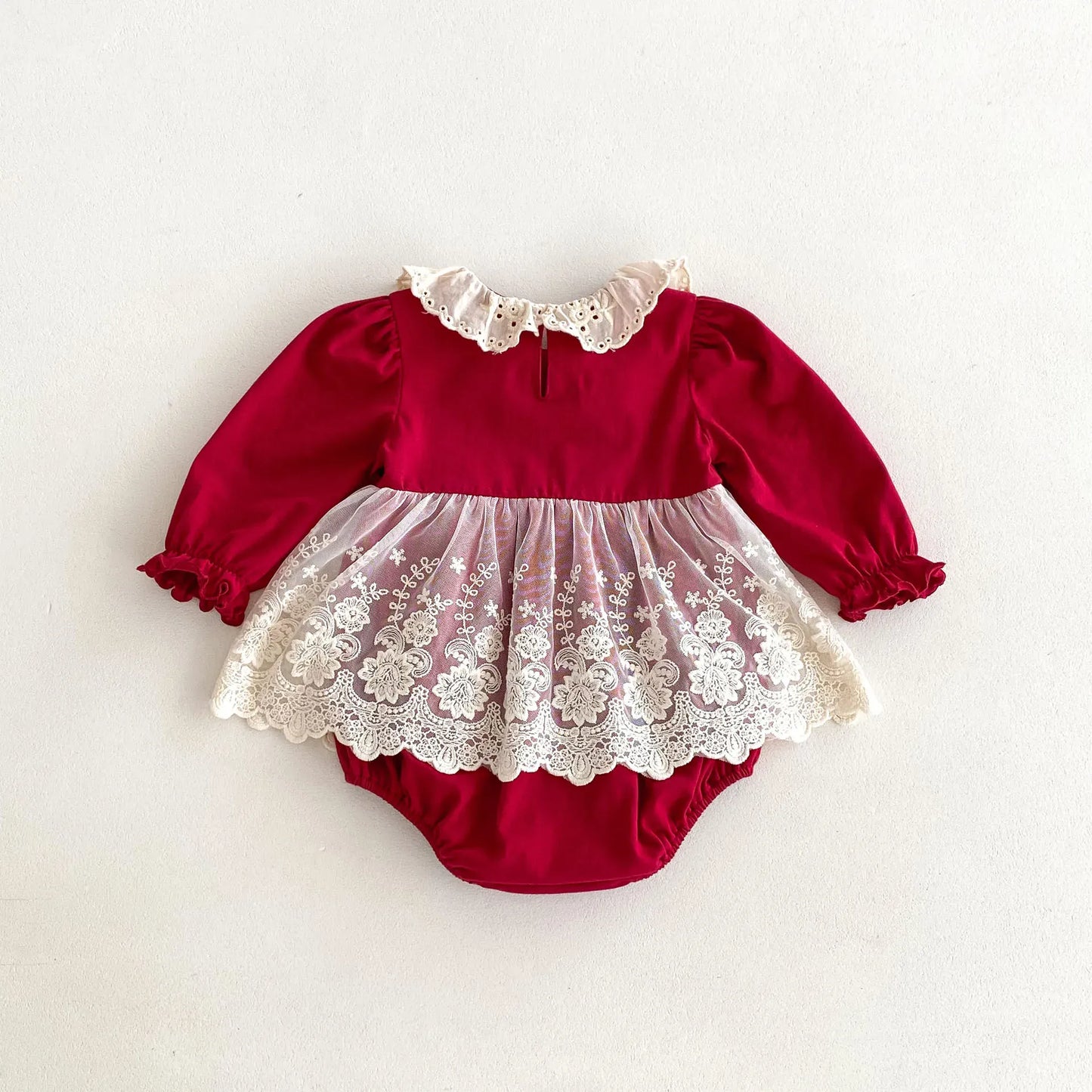 長袖ロンパース ベビーロンパース レース襟フリルスカート長袖ボディスーツ レッド【mh0007148】