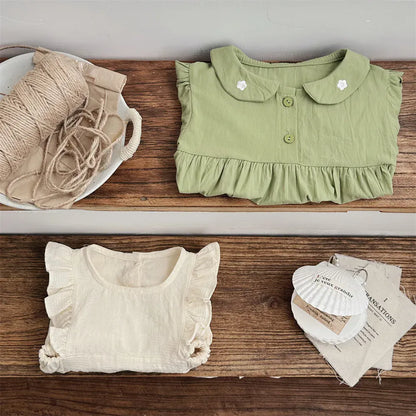 ロンパースセットアップ ベビーロンパース/エプロンドレス フラワー刺繍ワンポイント襟長袖ボディスーツ/フリル重ね着エプロンワンピース【mh0007208】