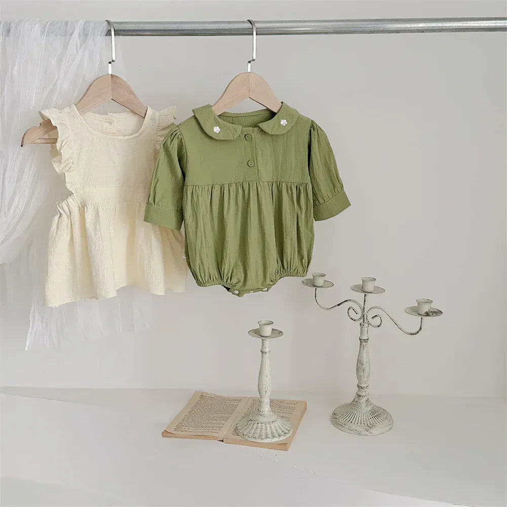 ロンパースセットアップ ベビーロンパース/エプロンドレス フラワー刺繍ワンポイント襟長袖ボディスーツ/フリル重ね着エプロンワンピース【mh0007208】