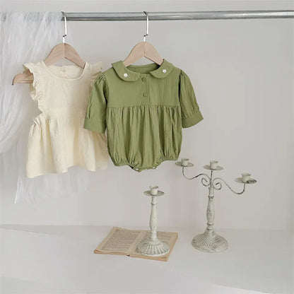 ロンパースセットアップ ベビーロンパース/エプロンドレス フラワー刺繍ワンポイント襟長袖ボディスーツ/フリル重ね着エプロンワンピース【mh0007208】