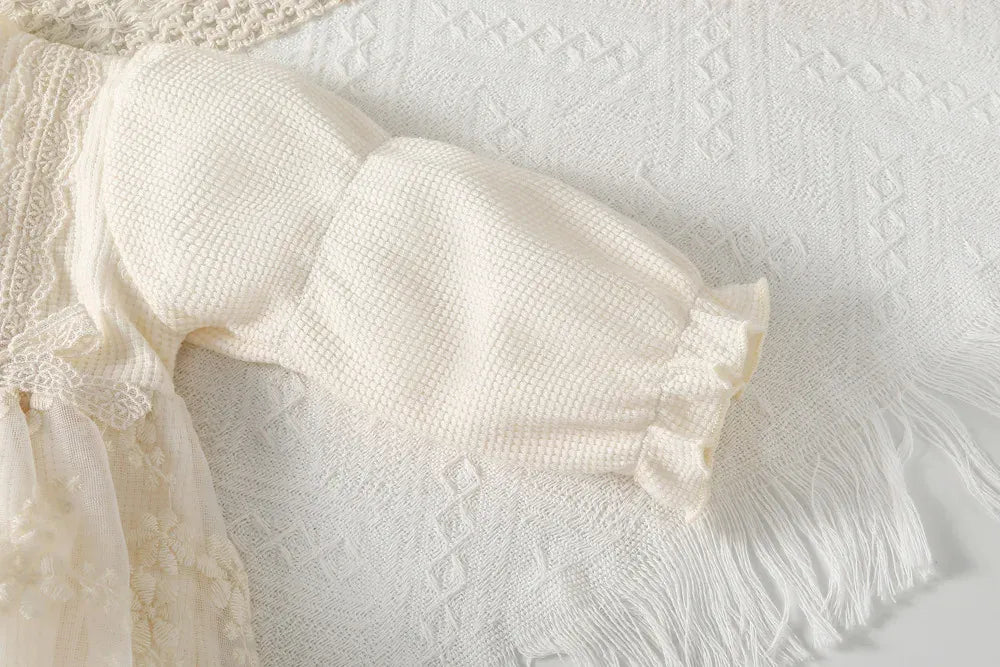 長袖ロンパース ベビーロンパース レーススカートリボン長袖ドレスボディスーツ アプリコット【mh0007260】