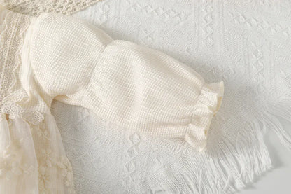 長袖ロンパース ベビーロンパース レーススカートリボン長袖ドレスボディスーツ アプリコット【mh0007260】