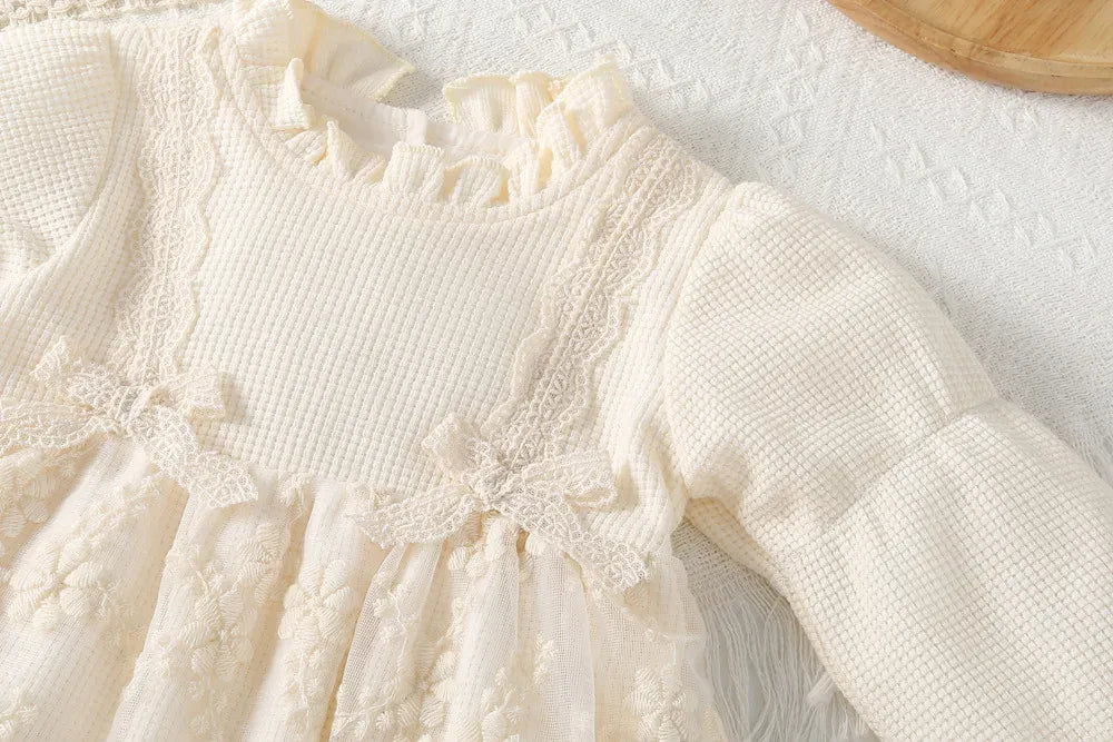 長袖ロンパース ベビーロンパース レーススカートリボン長袖ドレスボディスーツ アプリコット【mh0007260】