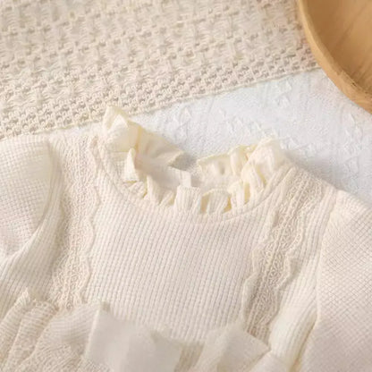 長袖ロンパース ベビーロンパース レーススカートリボン長袖ドレスボディスーツ アプリコット【mh0007260】