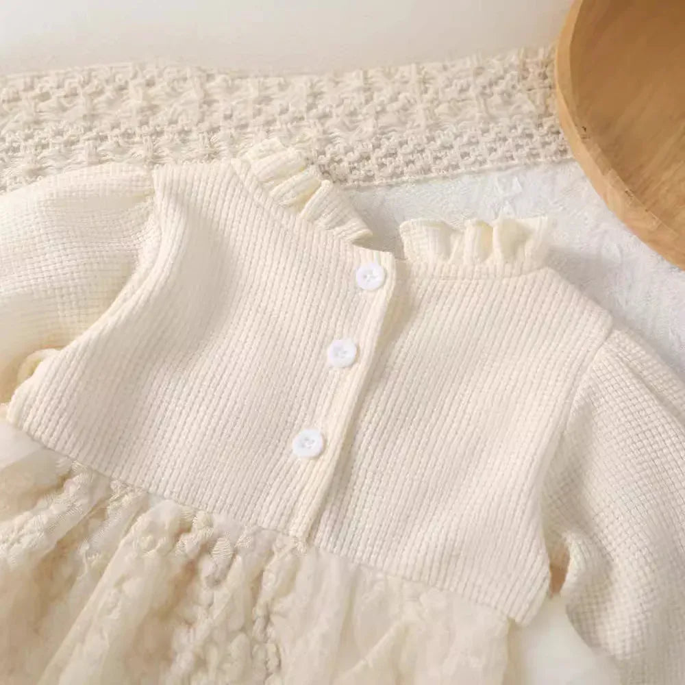 長袖ロンパース ベビーロンパース レーススカートリボン長袖ドレスボディスーツ アプリコット【mh0007260】