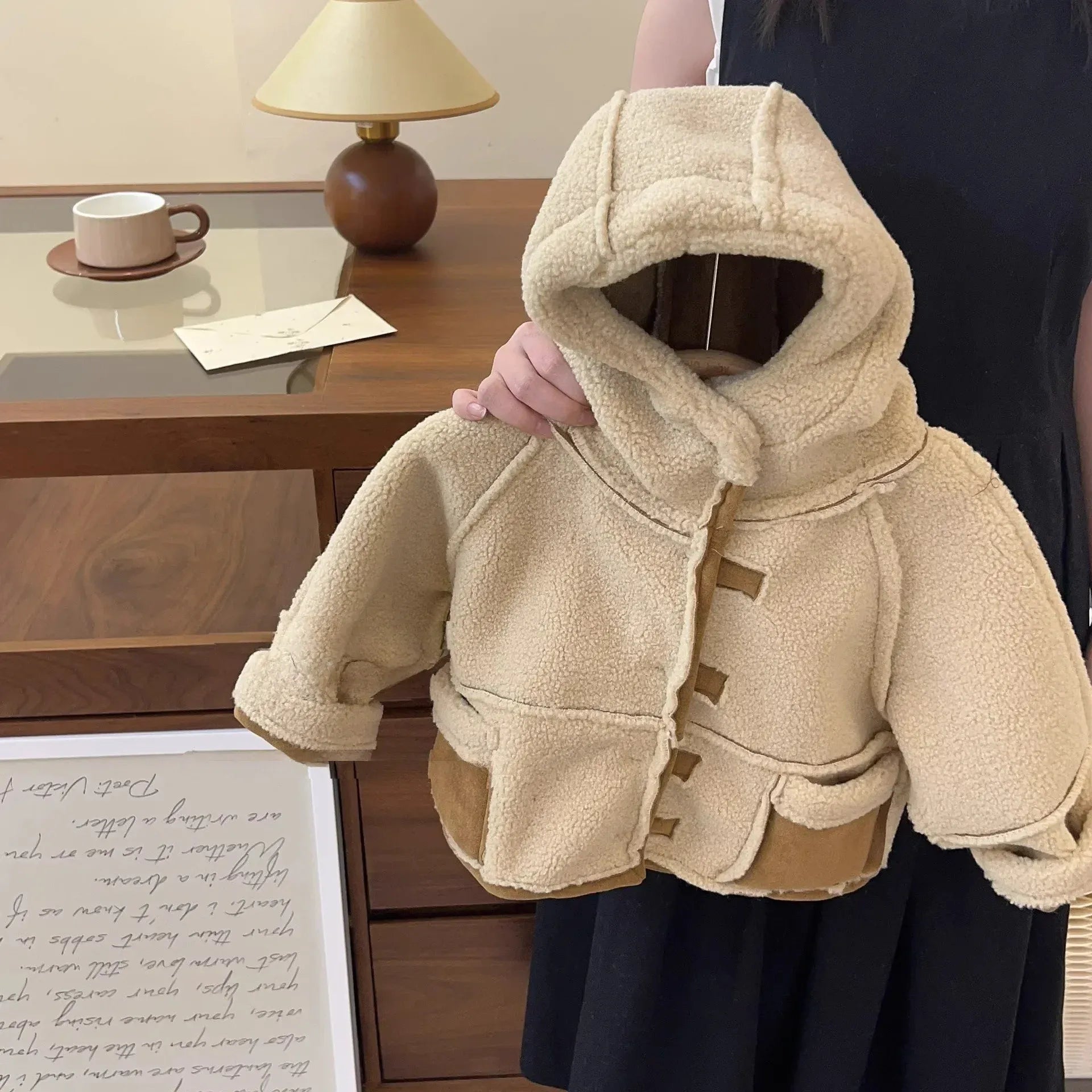 ショートコート・ジャケット・ジャンパー キッズアウター ボアフリースフーディフェイクムートンコート カーキ【mh0007263】