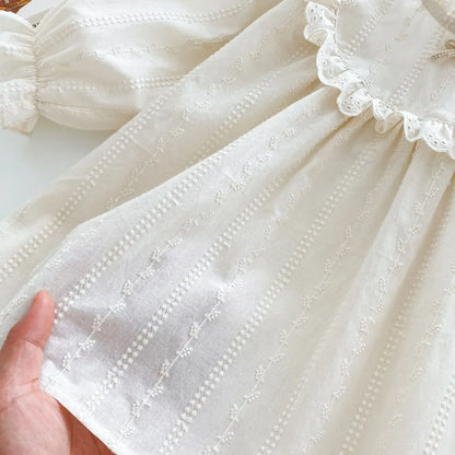 長袖ワンピース ベビーキッズワンピース スタンドフリルカラーリボンワンポイント長袖ワンピース ベージュ【mh0007295】