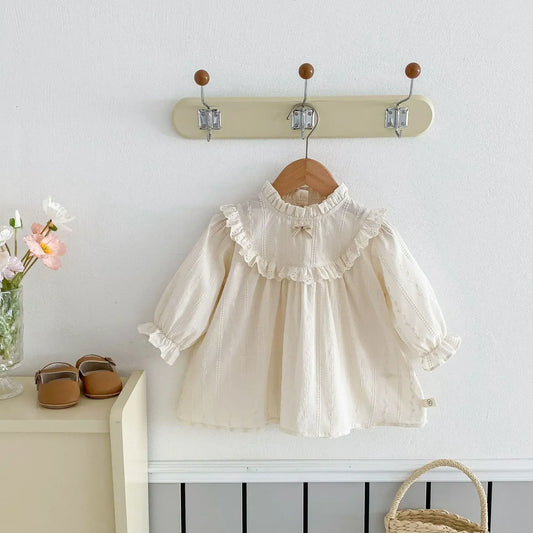 長袖ワンピース ベビーキッズワンピース スタンドフリルカラーリボンワンポイント長袖ワンピース ベージュ【mh0007295】