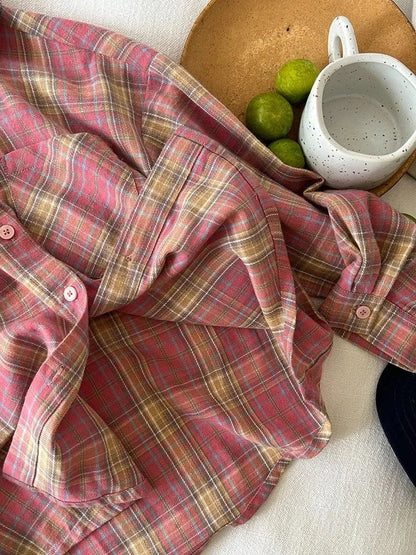 長袖シャツ・ブラウス キッズトップス レトロチェック長袖シャツ ピンク【mh0007347】